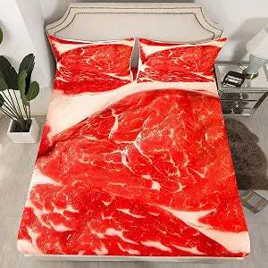 Raw Meat Fitted Sheet Twin, Food Bedding Set Beaf Bed Sheet Set for Kids Boys Girls 3D Food Themed Bed Cover 2Pcs (1 Pillow Case and a Fitted Sheet)