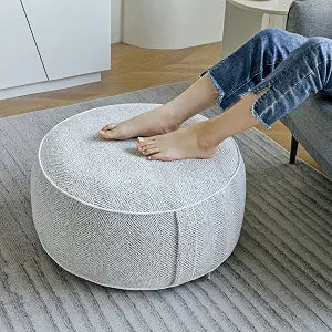 Inflatable Pouf Ottoman, 21x10 Inches Stuffed Chenille Ottoman with Inflatable PVC Liner, Foot Rest with Portable Handle, Round Floor Pillow for Living Room, Bedroom, Kids Room