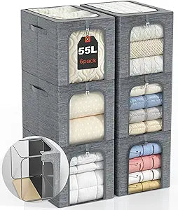 GoMaihe Blanket Storage Bins with Metal Frame, 6-Pack Large Closet Storage Bins with Lid & Clear Window, Comforter Bedding Storage Organizer for Walk-in Closet Cationic Fabric 55L