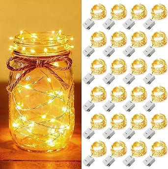 24 Pack Fairy Lights Battery Operated [3 Modes] 7ft 20 LED Mini Twinkle String Lights Waterproof Silver Wire Firefly Starry Lights for Wedding Party Mason Jars Christmas Decorations, Warm White