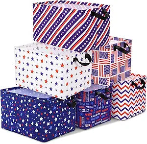Vesici 6 Pack 4th of July Patriotic Baskets for Gift Empty American Flag Storage Bins Foldable Rectangle Canvas Storage Boxes with Handles for Independence Day Books Clothes