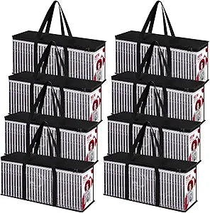 QTLCOHD 8 Pack DVD Storage Bags, Clear PVC DVD Case Holder with Handles, Front Window Zipper Design, Stackable Media Organizer for Blu Ray Disc, Movie Cases, VHS Box, CDs, Hold 320 Pcs DVDs (40 Each)