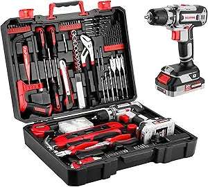 206-Piece Tool Box Drill Set with 20V Cordless Power Drill, Household & Mechanic Hand Tool Set with Battery Drill for DIY Home Repair, Gift for Homeowner, DIYer, Handyman, Red