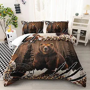 Bear Comforter Set Queen Size, Wild Animal Hunting Enthusiasts Bedding Set All Season Quilt Set, Room Decor for Kids Boys Teens