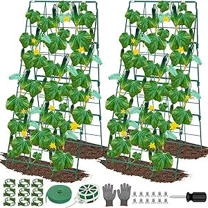 ROADPLUM 2 Pack Cucumber Trellis for Raised Garden Bed, Outdoor Sturdy Metal A-Frame Cucumber Trellis Support for Climbing Plants Vegetables with Accessories, Easy Installation & Easy Harvesting