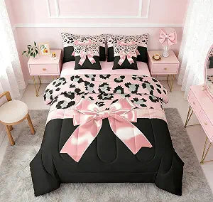 Feelyou Pink Silk Bowknot 7 Piece Bedding Set Queen Size Grey Leopard Comforter Set with Sheets for Kids Girls Women Black Pink Bed in a Bag Sweet Romantic Bed Set