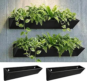 LaLaGreen Outdoor Wall Planters (30 Inch, 2 Pack) Triangle Black Carbon Steel Metal Hanging Flower Pots for Succulents, Large Geometric Wall Mounted Plant Holders, Unique Vertical Garden Home Decor