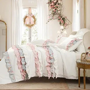 Wonderful White Cotton Comforter Set Queen, 3 Piece Handmade Shabby Style Ruffle Floral Princess Lighteweight Comforter with Pillow Sham, All-Season Fluffy Comforter Bedding Set | Breathable Material