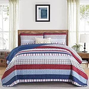 DJY California King Striped Quilt Set, Red Blue Boho Striped Bedspread Coverlet Set 3 Pieces Lightweight Soft Microfiber Patchwork Quilt Bedding Set for All Season (96"x106")
