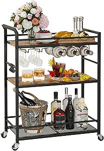 3 Tier Bar Cart, Small Beverage Cart, Mini Bar Cart with Wine Rack, Home Bar Serving Cart with Wheels for Kitchen Dining Living Room (Rustic Brown, General)