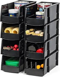 IRIS USA Large Stackable Storage Bins, 8-Pack, 13"L x 6"W x 5"H, |Made in USA|, Plastic Open Front Shelf Bin for Organizing Parts, Hardware, Tools, Supplies, Garage Shelf, Pantry - Black