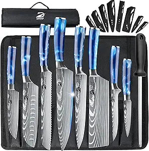 Dfito Chef Knife Sets with Roll Bag, 9 Pieces Professional Knife Set, High Carbon Stainless Steel Kitchen Chef Knife Set, Blue Resin Handle, Dishwasher Safe