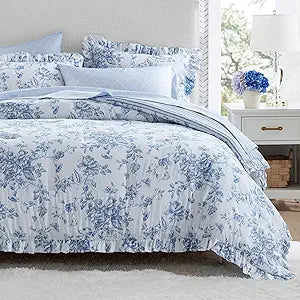 Madison Park Essentials Adele Blue Floral Queen Size Comforter Set  Vintage Bed in a Bag with Sheets, Reversible Ruffle Bedding, Elegant Gift for Her