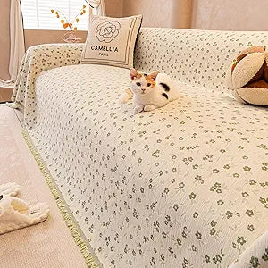 VClife Modern Terracotta Floral Chenille Couch Cover for 3 Cushion Couch Sofa, Washable Sofa Cover for Sectional L Shape, Aesthetic Cottage White Green Jacquard Furniture Protector Slipcover