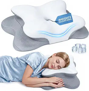 Cervical Pillow for Neck Pain Relief, 4-Height Adjustable Oeko-TEX Memory Foam Contour Pillow for Sleeping, Ergonomic Orthopedic Cooling Neck Pillow for Side Back Stomach Sleepers, Arm Support