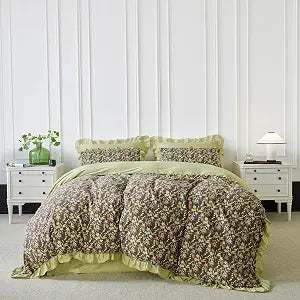 YuHeGuoJi Sage Green Ruffle Floral Duvet Cover King 100% Cotton 3 Pcs Set