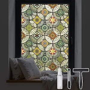 DKTIE Static Cling Decorative Window Film with Installation Tools Non Adhesive Privacy Film Stained Glass Window Film for Bathroom Shower Door Heat Cotrol Anti UV 35.4 x 118.1 Inch