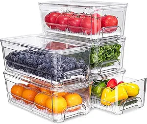 Pull-out Veggie Fridge Organizer Drawer, 5-Pack Stackable Fruit and Vegetables Refrigerator Organizer and Storage Containers, with Strainer Layer