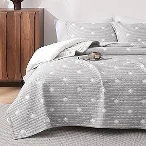 SLEEP ZONE Queen Quilt Set, Gray Stripe Decorative Patterns Jacquard Cotton Reversible Bedspread Coverlet, Lightweight Soft Breathable Bedding Set All Season, 3 Pieces with 2 Pillow Shams