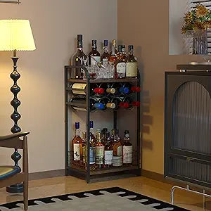 3-Tier Wine Rack Freestanding Floor Cabinet Corner Bar Cabinet Bar Cart,12 Individual Wine Storage Bottle Compartments Corner Bar Cabinet Holder,Wood + Black Frame Liquor Cabinet