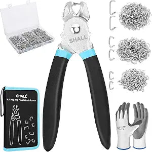 SHALL Hog Ring Pliers Kit with 600pcs Galvanized Hog Rings (3/8, 1/2, 3/4) for Upholstery, Fence, Animal Pet Cages, Bungee Cords, Bagging, Protective Gloves, Storage Case & Bag Included