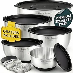 Baker's Signature Stainless Steel Mixing Bowls with Lids Set, 5 Sizes, 3 Graters, Non-Slip Base, Airtight Lids, Metal Mixing Bowls for Kitchen, Food Prep, Storage, 0.63QT-5QT, Black