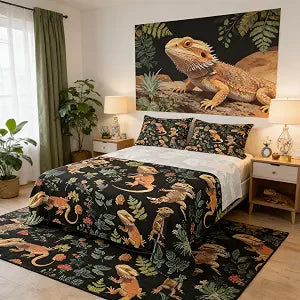 Manfei Bearded Dragon Kids Sheet Full Size,Cartoon Lizard Reptile Animals Girls Boys Bedding Set,Flowers Leaves Botanical Western Unique Bed Sheet Set 4pcs(Fitted + Flat + 2 Pillowcases)