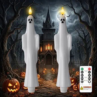 Ghost Flameless Taper Candles with Remote and Timer, 9.6 Inches Real Wax Battery Operated Led Candlesticks with 3D Wick, Halloween Fake Candle for Home Dinner Party Decor, 2 PCS