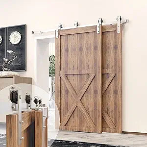 Homacer Brushed Nickel Single Track Bypass Sliding Barn Door Hardware Kit, for Two/Double Doors, 6ft Long Flat Track, Classic Design Roller,
