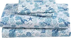 Coastal Print 4 Piece Queen Microfiber Sheet Set, Nautical Turtles