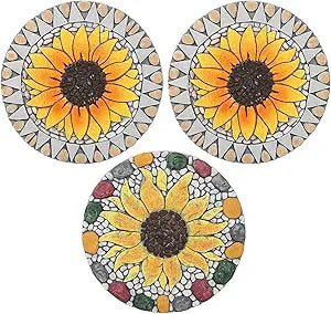 PINPON 3 Pack Gerbera Stepping Stones  10 Inch Cement Garden Pavers with Colorful Pebble Border, Hand-Painted Outdoor Walkway Stones, Weather-Resistant Decorative Path Stones for Patio & Yard