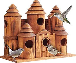 MIXUMON Wooden Bird Houses for Outside  8 Rooms Castle-Style Bird House, Carbonized Pine Rustic Finish, 1.57" Entrance Holes, Decorative Outdoor Bird Nesting Box (Rustic, 8 Rooms)