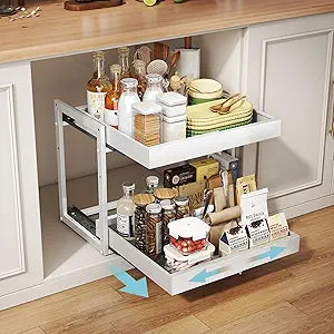 Golener 2-Tier Expandable Pull Out Cabinet Organizer - Slide Out Drawers for Kitchen Cabinets, Bathroom Organizers and Storage, Under Sink Organizer for Kitchen Storage Organization, White Metal Frame