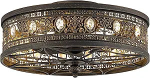Caged Ceiling Fans with Lights,Vintage Victorian Rustic Crystal Fandelier,Low Profile Flush Mount,Small Enclosed Bladeless Ceiling Fan with Light for Bedroom,Kitchen,Living Room,Dining Room