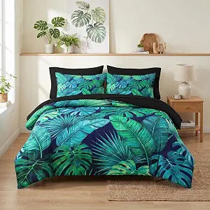 WeCozy 7 Pcs Queen Size Comforter Set with 2 Pillowcases & 2 Shams, Tropical Palm Leaf Bedding for Kids and Adults, Green Turquoise Bed in a Bag with Flat Fitted Sheet