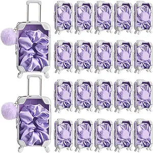 LemonRoad 60 Pcs Mini Empty Suitcase Storage Box with Plush Ball Keychain and Scrunchies for Baby Shower Bride Shower Clear Candy Luggage Containers Packaging Case(Purple)