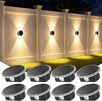 Ellasay Solar Fence Lights Outdoor: 360 Circular Lighting Solar Powered Wall Lights 12 Hours Long Runtime Up and Down Waterproof IP65 & 3 Modes High Brightness LED Focus Lens for Fence/Yard - 8 Pack