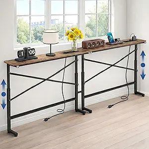 78.8" Adjustable Height Behind Couch Table, 2-Pack Skinny Console Table with 2 AC Outlets & Type-C Port, 5.9" Narrow Sofa Table for Living Room, Hallway, Entryway (Rustic Brown)
