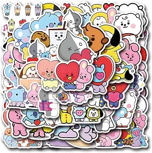 55pcs Cartoon BT21 Stickers for Water Bottle,Vinyl Waterproof BT21 Stickers for Laptop,Bumper,Skateboard,Water Bottles,Computer,Phone,Sticker for Kids Teens Adult