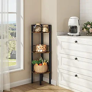 Tajsoon Small Corner Shelf Stand 3 Tier 39.6" Industrial Corner Display Shelf Shelving Unit, Corner Tables for Small Spaces, Bedroom, Living Room, Office, Kitchen, Rustic Brown