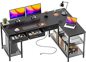 PRAISUN 55 Inch L Shaped Office Desk with Power Outlets and Type-C Port, Large Computer Gaming Desk with 3 Fabric Drawers, Mesh Shelves, Corner Study Work Writing Desk, Black