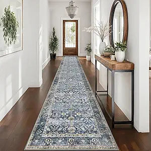 KUTA Vintage Washable Long Hallway Runner Rug, 2.6x16 Blue Grey Beige Non-Slip Kitchen Rugs Ultra Thin Soft Printed Distressed Oriental Floral Floor Carpet for Laundry Bedroom Living Room Nursery