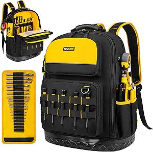 Tool Bag Backpack with Waist Belt,Heavy Duty Waterproof Hard Bottom Stand Upright,55 Pockets & 18-Slot Drill Bit Roll Pouch,17.5" Laptop Compartment,Portable Tool Organizer for Electricians,HVAC