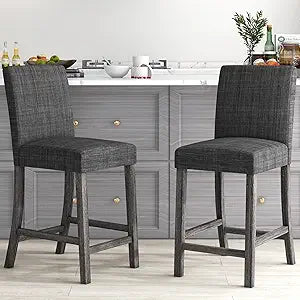 COSTWAY Counter Height Bar Stools Set of 2, 24.5 Upholstered Mid Century Modern Island Chairs with Rubber Wood Legs, Wooden Barstools for Kitchen, Dining Room, Bar, Restaurant (Grey)