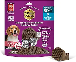 Yummy Combs Dog Dental Treats  Fish & Egg Protein  Vet VOHC Approved, Removes Tartar  A Daily Teeth Cleaning Treat for Small Dogs (30 Count)