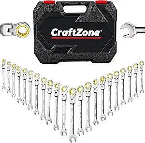 22-Piece Flex Head Ratcheting Wrench Set, SAE & Metric Combination Wrenches, 180 Flexible Head, 72-Tooth Ratchet Gear for Tight Spaces, Professional Mechanics Hand Tool Set, 1/4-3/4 & 6-18mm