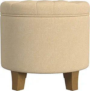 HomePop by Kinfine Fabric Upholstered Round Storage Ottoman - Button Tufted Ottoman with Removable Lid, Light Tan Textured Solid