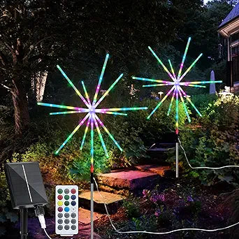 Solar Garden Lights Outdoor 2 Pack Color Changing Solar Powered Firework Lights with 9 Colors 16 Modes Remote Waterproof Rechargeable Timer Starburst Light for Christmas Pathway Backyard Yard Patio