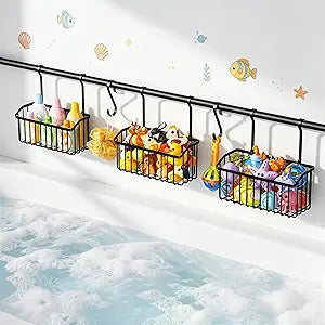 KEGII Over-the-Tub Bath Toy Storage, Adjustable 61-82.67 Inch Bathtub Toy Organizer Holder with 3 Baskets and Hooks, Large Capacity Kids Bath Toy Storage Rack for Easy Sorting and Drainage, Black