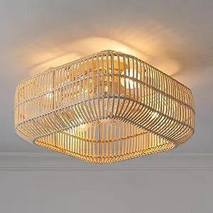 Rattan Fandelier Ceiling Fan with Light: Boho Fandelier 20 Inch Flush Mount Cage Ceiling Fans With Lights and Remote,Ceiling Fan Low Profile for Bedroom,Nursery,Living Room,Kitchen,E26 Base